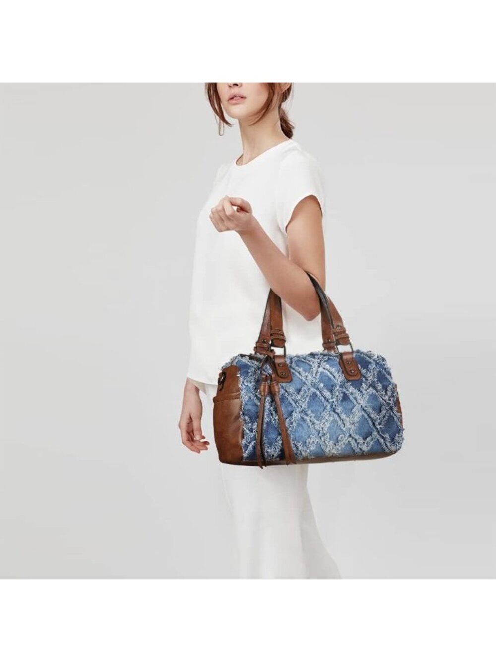 Women's Denim Blue Leather Zipper Top Handle Totes Satchel Hobo Handbags - Picture 2 of 6